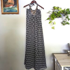 Y2K Black and White Halter Maxi Dress Beaded Neckline